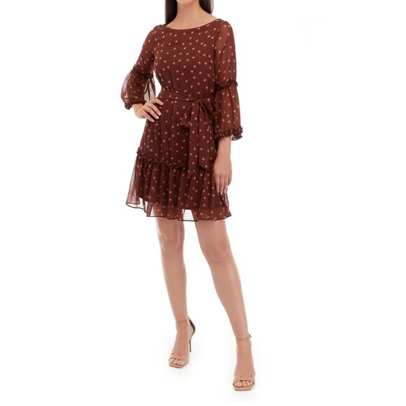 NWT Maison Tara Boho Fit Flare Chiffon Dot Print Dress 3/4 Sleeve Mocha Rose 14 - Picture 9 of 9